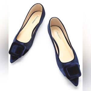 C.Paravano Navy Velvet Pointed Toe Flats Square Buckle Womens 9.5 New‎